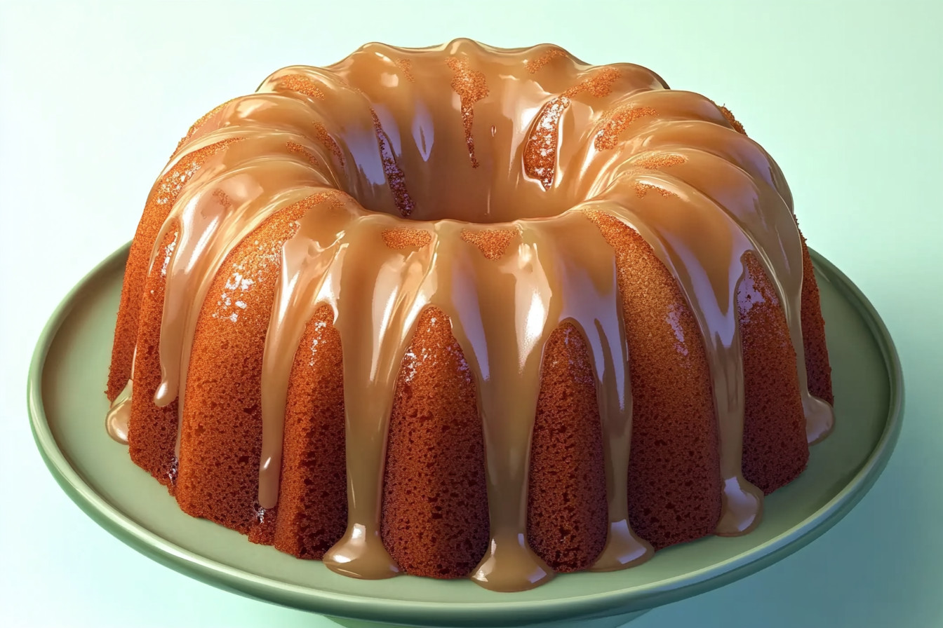 A moist banana pound cake drizzled with rich caramel glaze, served on a white plate, perfect for dessert or special occasions.