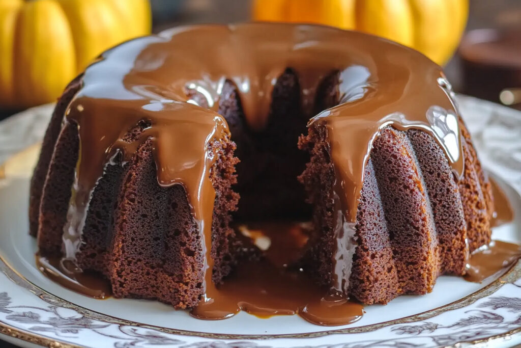 Pumpkin chocolate cake with a rich, moist texture, topped with a layer of chocolate ganache and garnished with a sprinkle of cocoa powder. - Pumpkin chocolate cake recipe