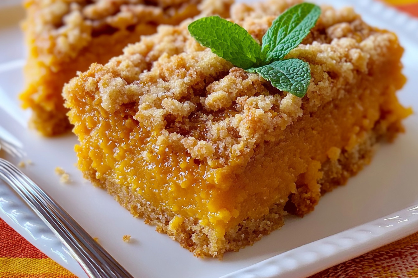 Moist pumpkin coffee cake topped with a shiny brown sugar glaze, served on a white plate with a fork.