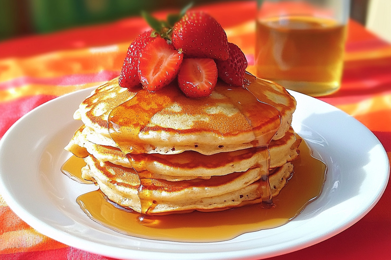 Stack of fluffy strawberry vanilla pancakes topped with fresh strawberries and a drizzle of syrup.