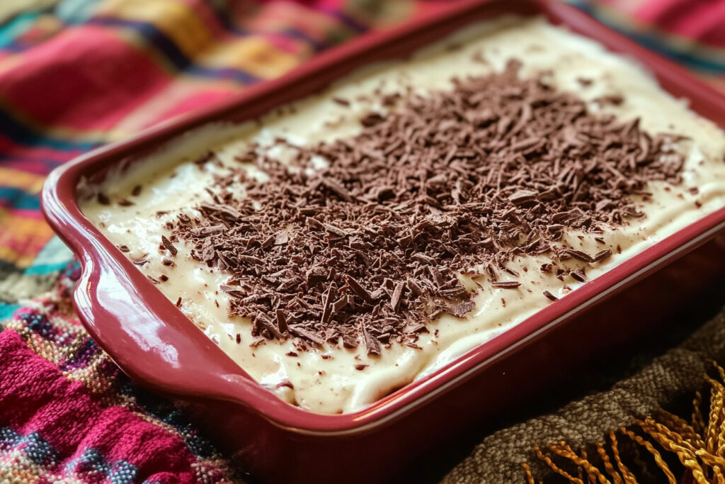 "A layered vanilla and chocolate dessert topped with whipped cream and chocolate shavings, served in a glass dish for an indulgent treat.