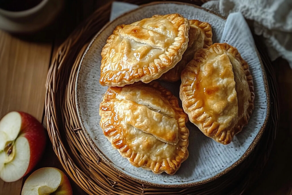 Golden and flaky air fryer apple hand pies filled with sweet apple filling, topped with a light glaze and served on a plate.