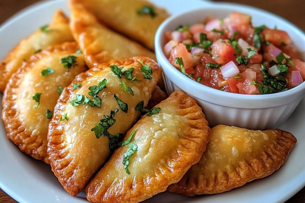 Golden-brown beef and cheese empanadas on a wooden board, garnished with parsley and served with a small bowl of dipping sauce.