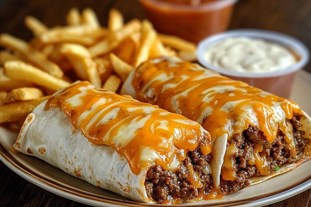 Cheesy Beef Burritos with Crispy Fries, savory beef, melted cheese, and crispy fries, wrapped in a soft tortilla, served with a side of more crispy fries.