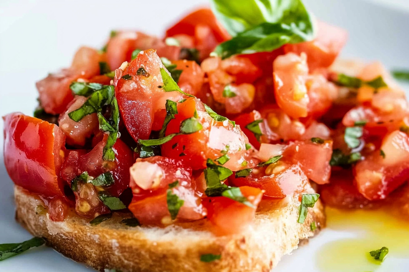 Classic Italian Bruschetta with diced tomatoes, basil, and garlic on toasted bread.