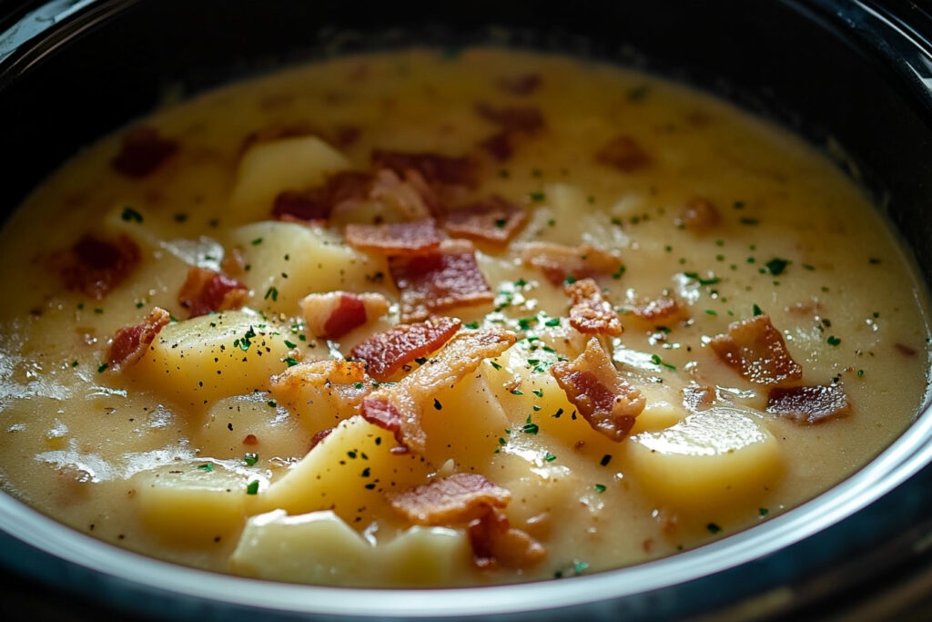 Bowl of creamy Crock Pot Crack Potato Soup topped with crispy bacon, shredded cheese, and green onions.