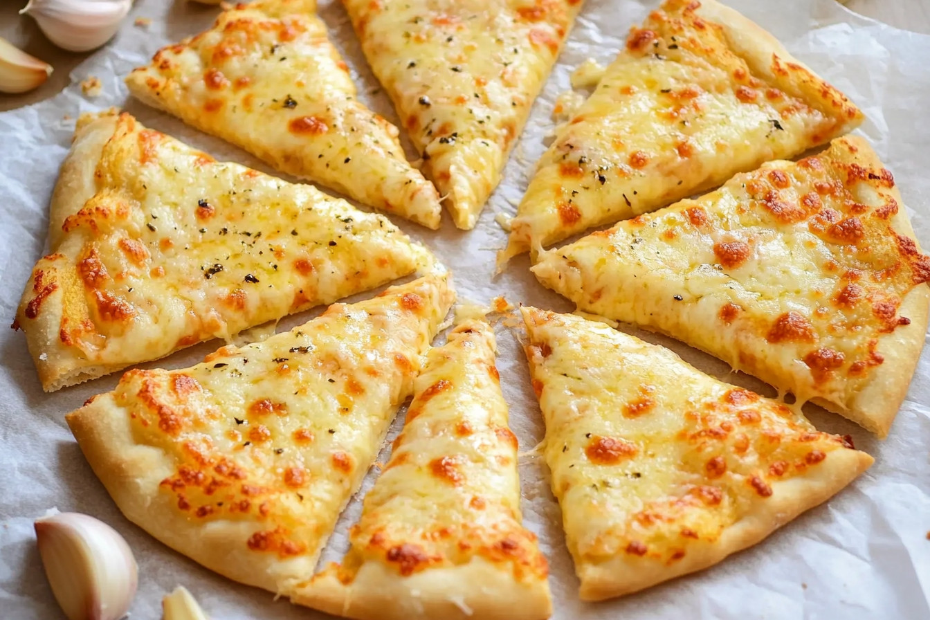 Golden garlic cheese pizza with a crispy crust, topped with melted mozzarella and fresh herbs.