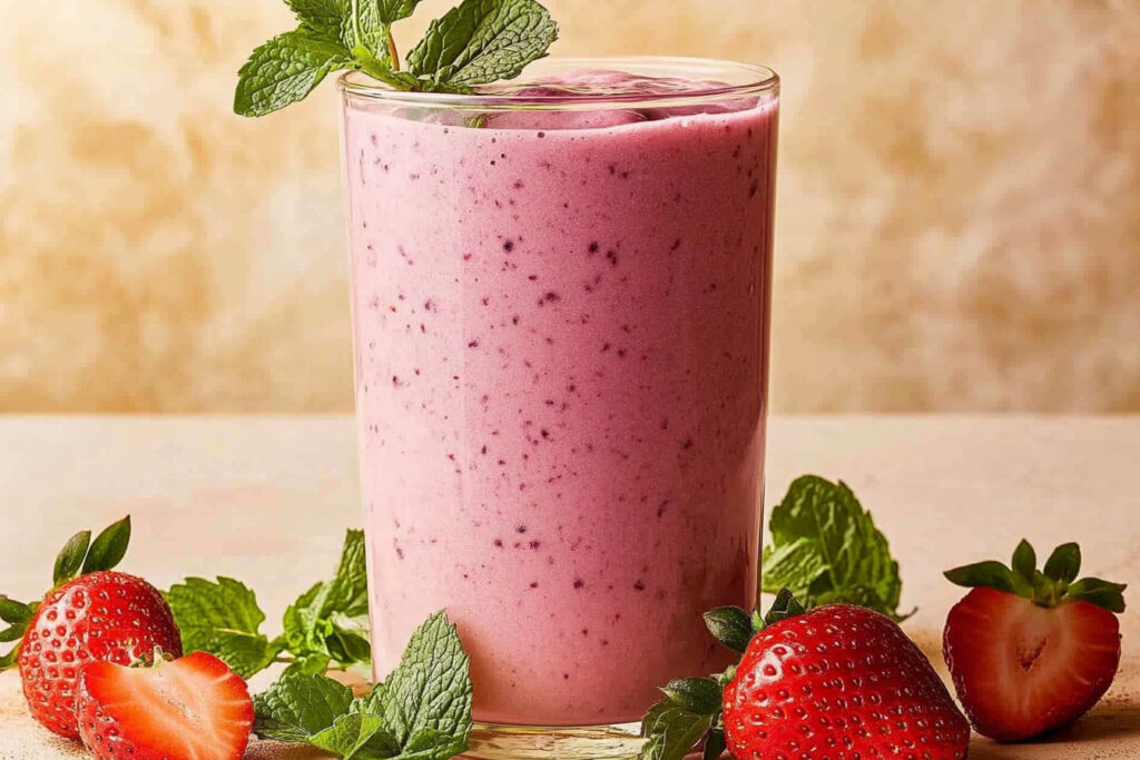 Glass of colorful breakfast smoothie topped with banana slices and chia seeds.