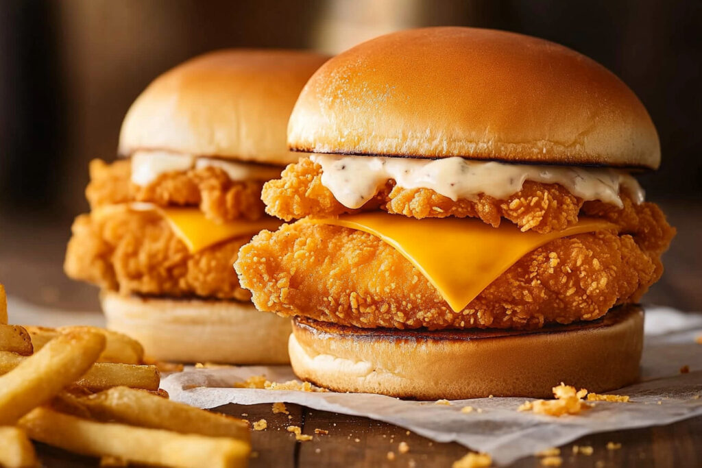 Homemade McDonald's Filet-O-Fish burger with a crispy fish fillet, melted cheese, tartar sauce, and a soft bun, served fresh and warm.