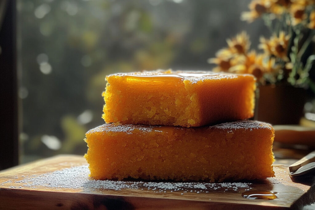 A slice of sweet potato cornbread topped with maple honey butter, served warm and golden brown—a perfect fall treat.