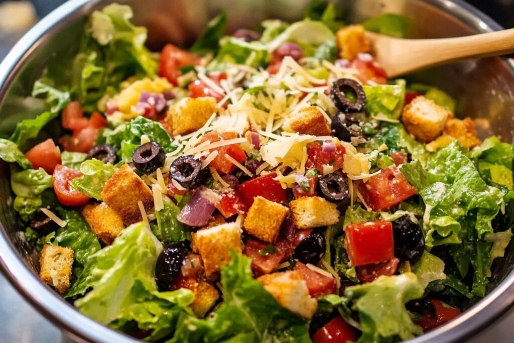 A colorful and fresh Italian salad with mixed greens, cherry tomatoes, olives, red onions, and Parmesan, topped with a zesty Italian dressing.