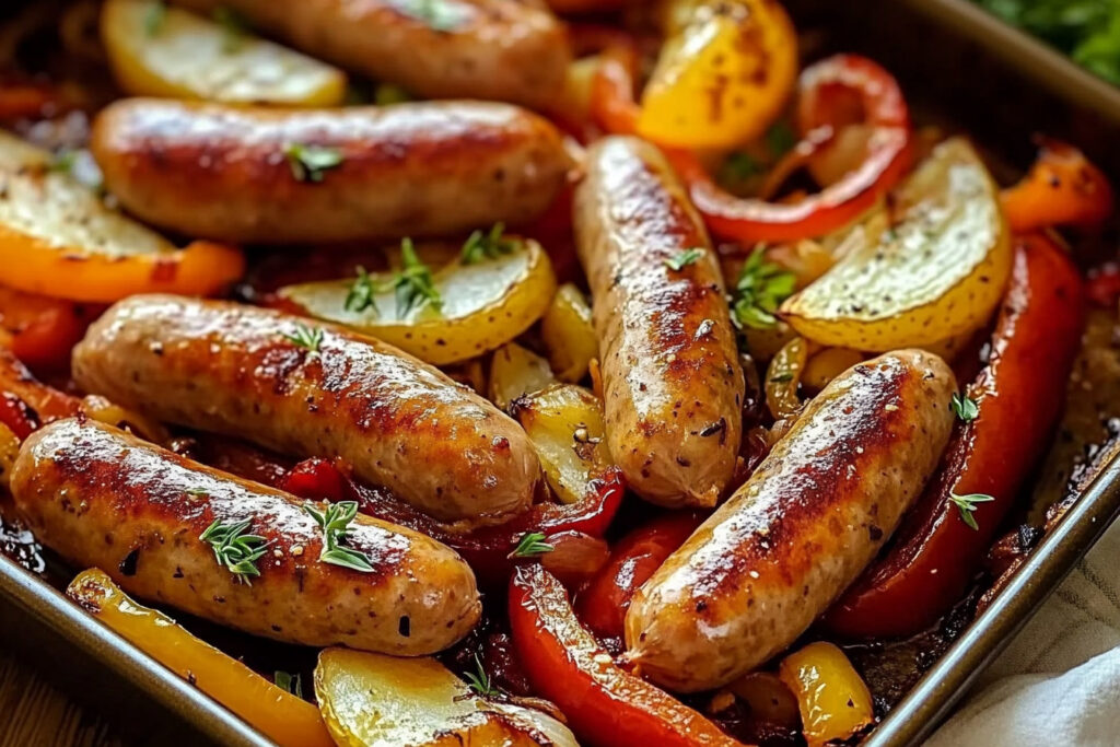 Easy roasted beef sausages with colorful peppers, onions, and golden potatoes, perfectly seasoned and baked for a hearty and flavorful meal.