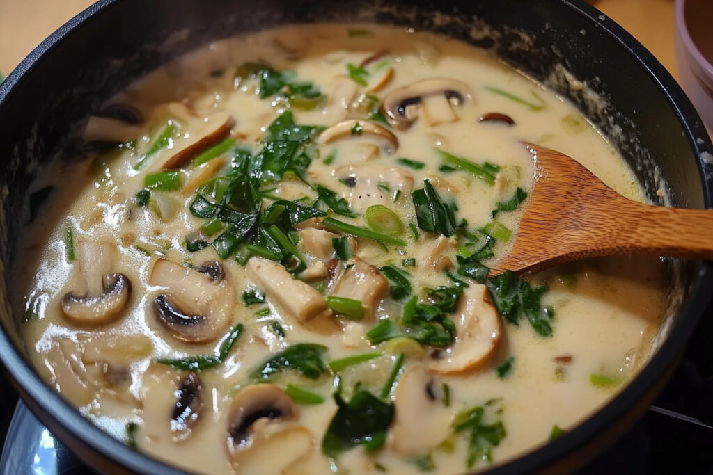 A bowl of creamy rotisserie chicken and mushroom soup with tender chicken pieces, mushrooms, and a rich, creamy broth.