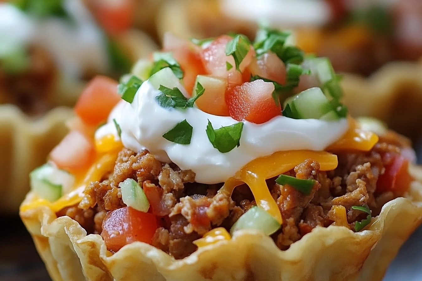 Delicious taco cupcakes made with taco-seasoned beef, cheese, and fresh toppings, baked in a muffin tin for a fun, bite-sized treat.