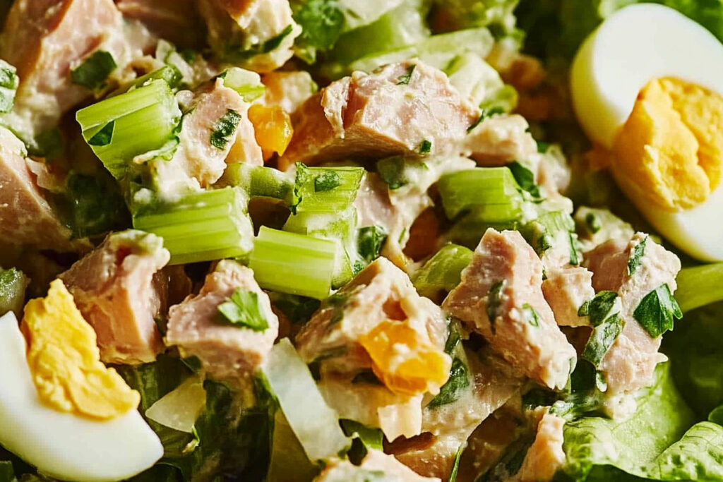 Close-up of a fresh and colorful tuna salad with egg slices, celery, and herbs, served as a healthy and nutritious meal option.