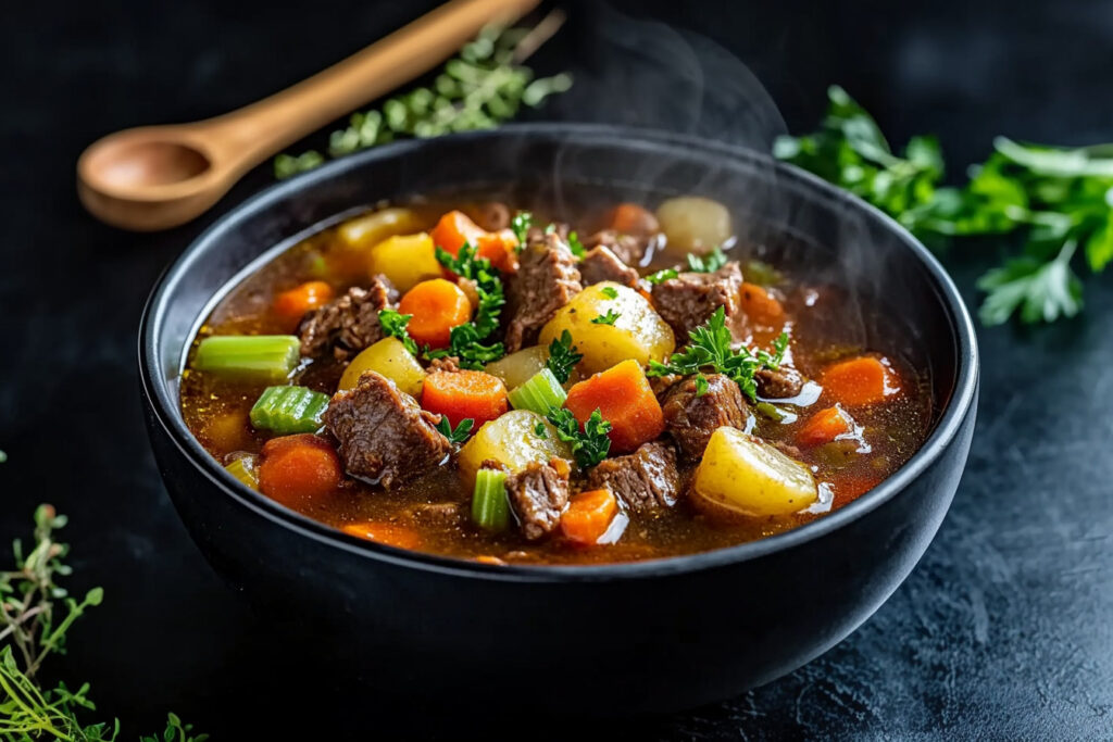 Bowl of vegetable beef soup with chunks of tender beef, carrots, potatoes, and green beans in a rich broth.