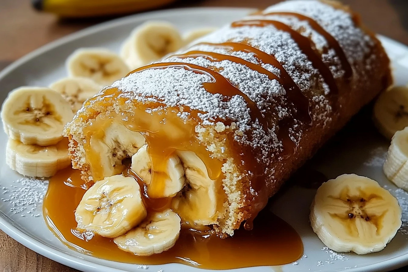 Delicious banana caramel roulade with a soft sponge cake rolled around creamy caramel and ripe banana slices, topped with more caramel drizzle.