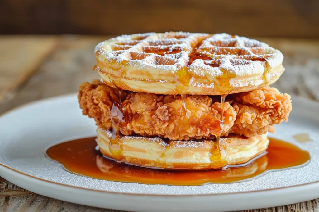 Close-up of a Chicken and Waffle Sandwich with crispy fried chicken, golden waffles, and syrup drizzle.