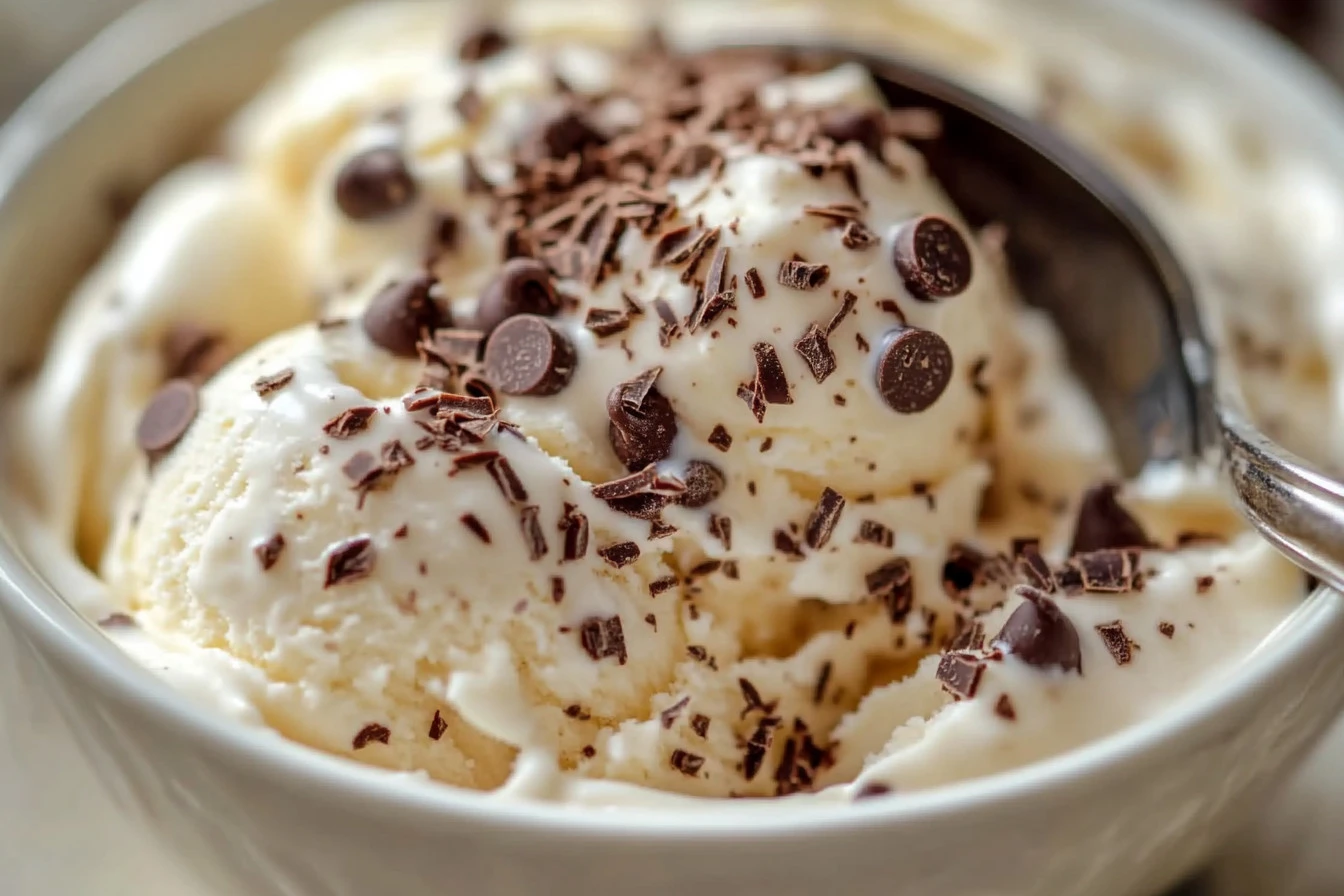 Close-up of creamy ice cream swirls with chunks of cookie dough.