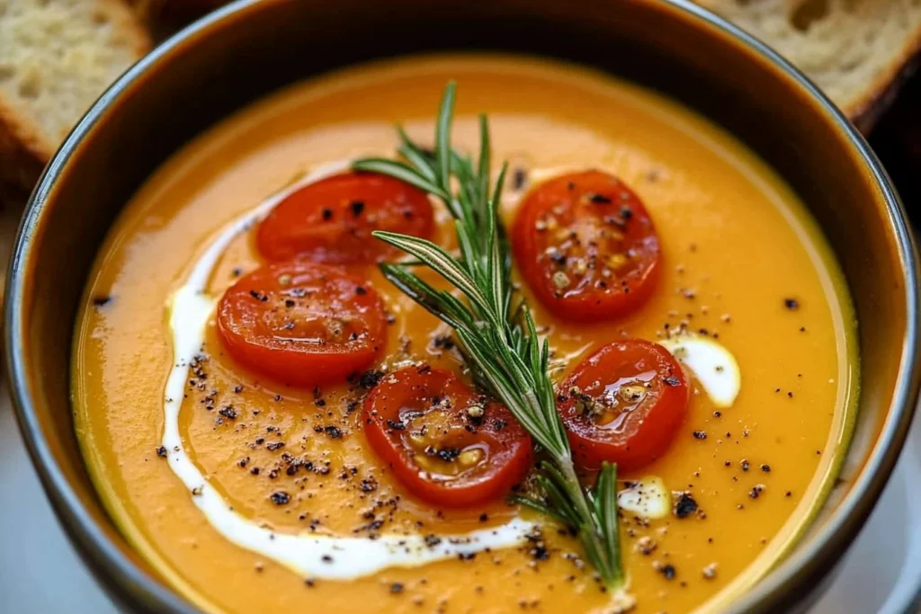 A warm, comforting bowl of creamy tomato soup garnished with fresh herbs and a drizzle of cream, perfect for a cozy meal.