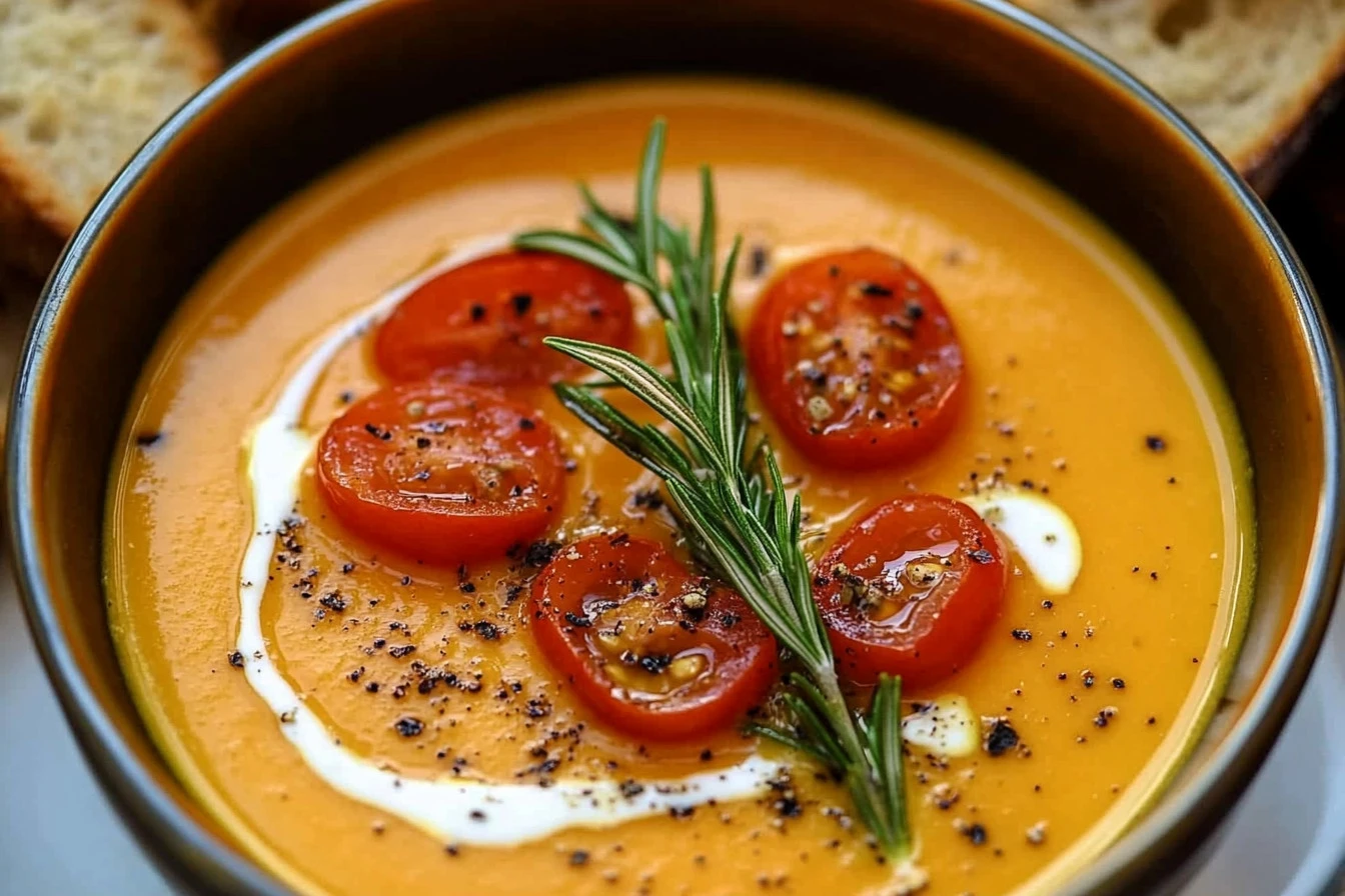 A warm, comforting bowl of creamy tomato soup garnished with fresh herbs and a drizzle of cream, perfect for a cozy meal.