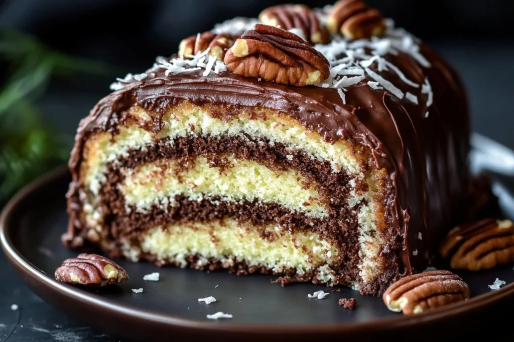 German Chocolate Roll Cake filled with creamy coconut pecan frosting, drizzled with chocolate ganache.