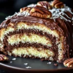 German Chocolate Roll Cake filled with creamy coconut pecan frosting, drizzled with chocolate ganache.