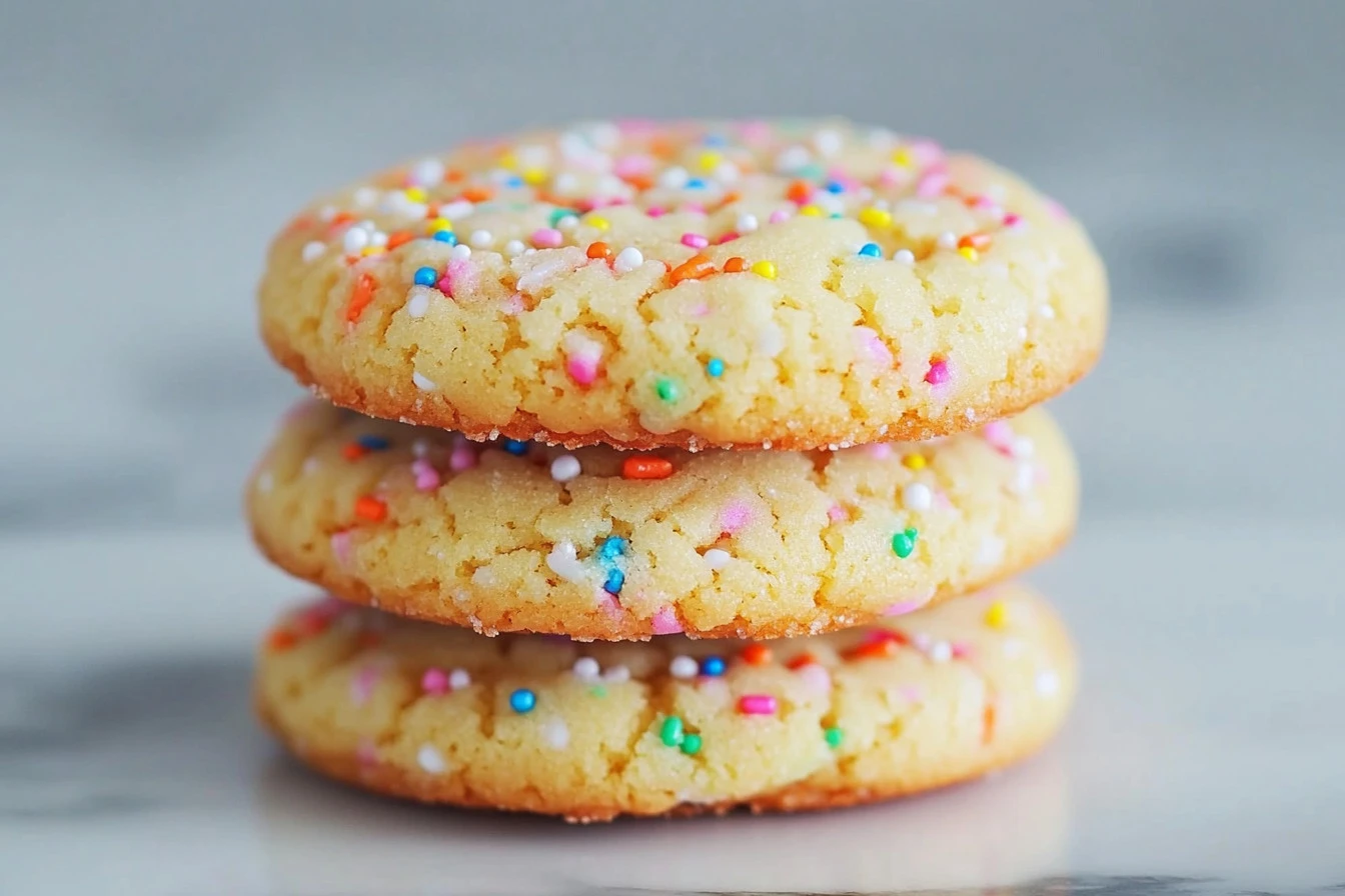 Brightly colored Funfetti sugar cookies on a white plate with rainbow sprinkles scattered around.