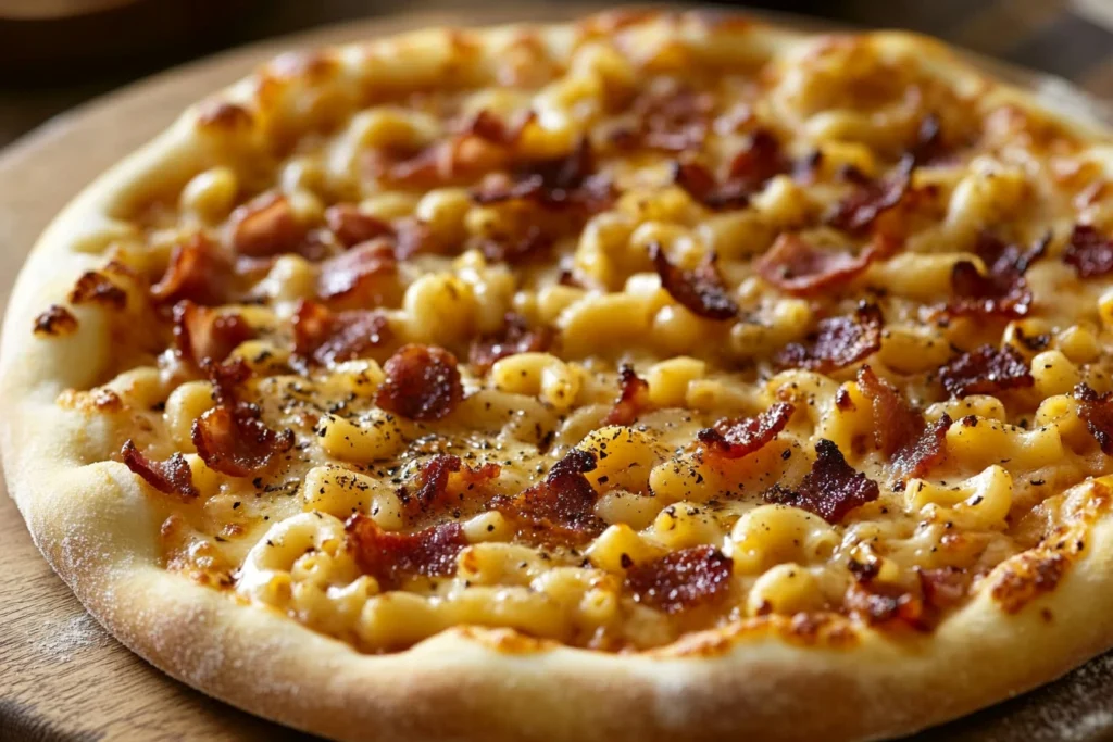 A cheesy mac and cheese pizza with a crispy crust, topped with creamy macaroni and gooey melted cheese, served on a wooden board.