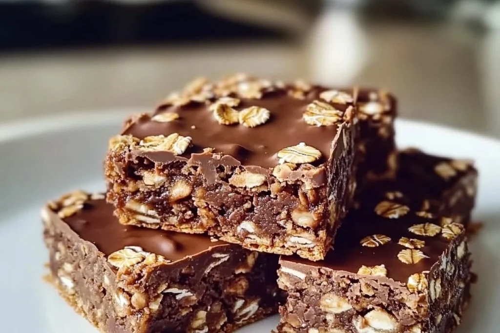 Delicious no-bake chocolate oat bars with layers of rich chocolate and hearty oats, cut into squares for an easy and satisfying treat.