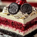 A luscious red velvet Oreo cheesecake delight with creamy layers, crushed Oreos, and a red velvet base, topped with whipped cream and chocolate drizzle.