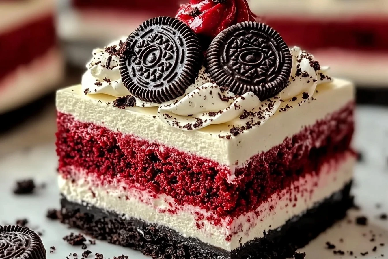 A luscious red velvet Oreo cheesecake delight with creamy layers, crushed Oreos, and a red velvet base, topped with whipped cream and chocolate drizzle.