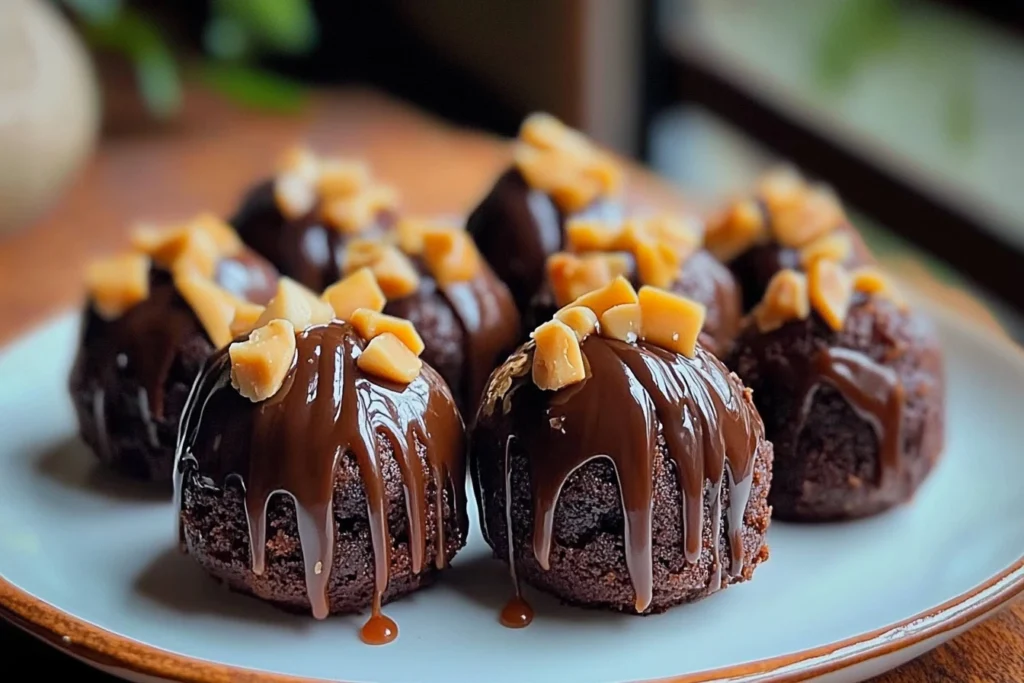 Delicious Snickers brownie bites topped with creamy peanut butter, gooey caramel, and chocolate drizzle, garnished with chopped peanuts.