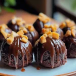 Delicious Snickers brownie bites topped with creamy peanut butter, gooey caramel, and chocolate drizzle, garnished with chopped peanuts.