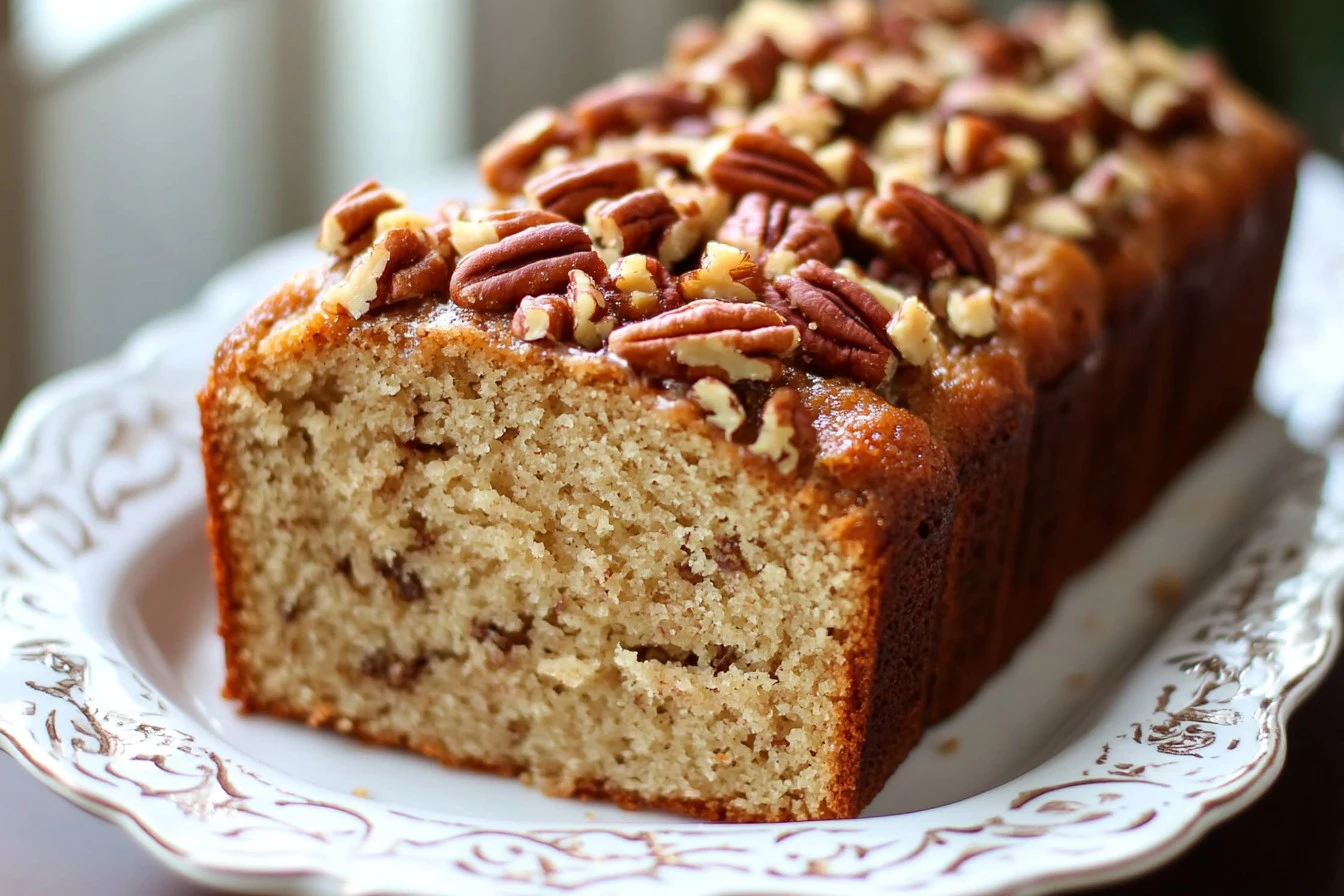 A moist loaf of walnut banana orange bread with a golden crust, infused with citrusy orange flavor and topped with chopped walnuts, served on a wooden board.