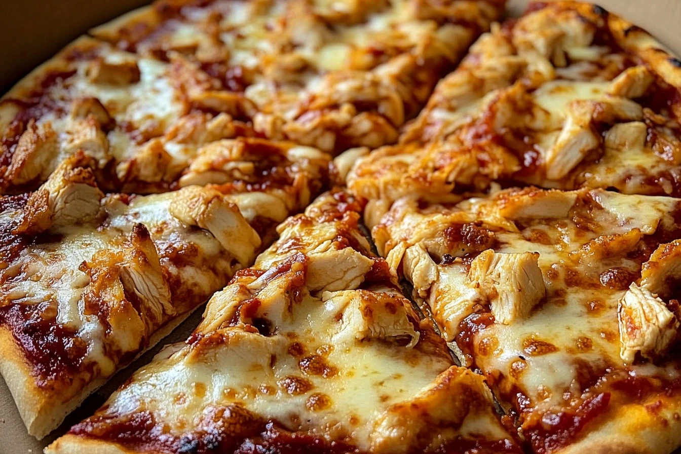 BBQ chicken pizza with melted cheese, red onions, and fresh cilantro on a crispy crust.