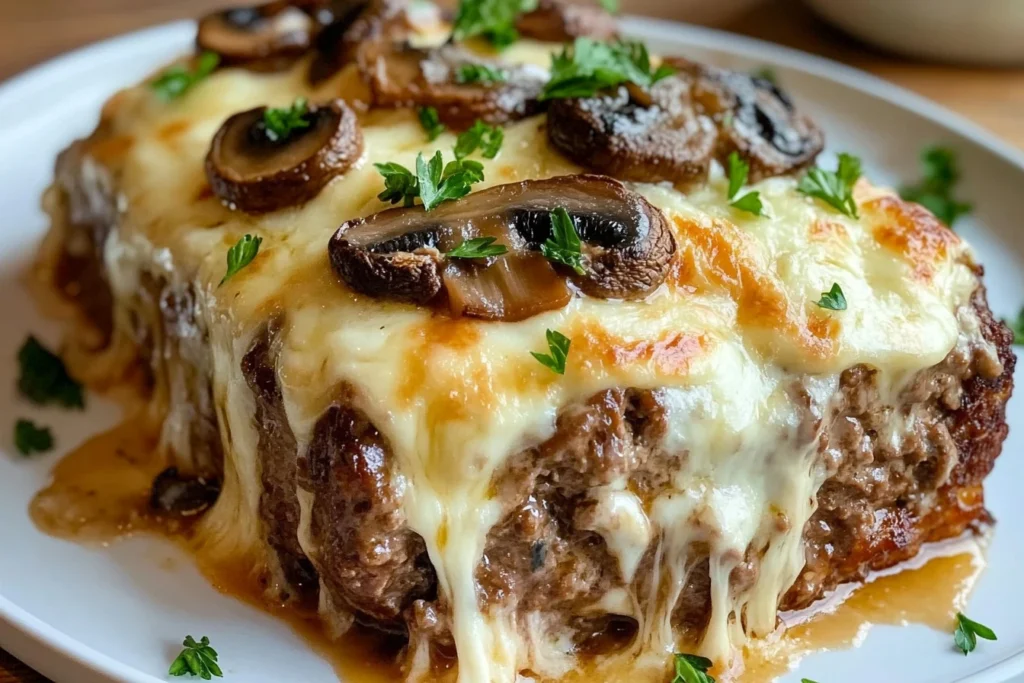 Sliced cheesy garlic mushroom meatloaf with a golden crust, melted cheese, and tender mushrooms.