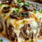 Sliced cheesy garlic mushroom meatloaf with a golden crust, melted cheese, and tender mushrooms.