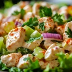 Bowl of creamy chicken salad with chopped celery, grapes, and almonds, served with lettuce and crackers.