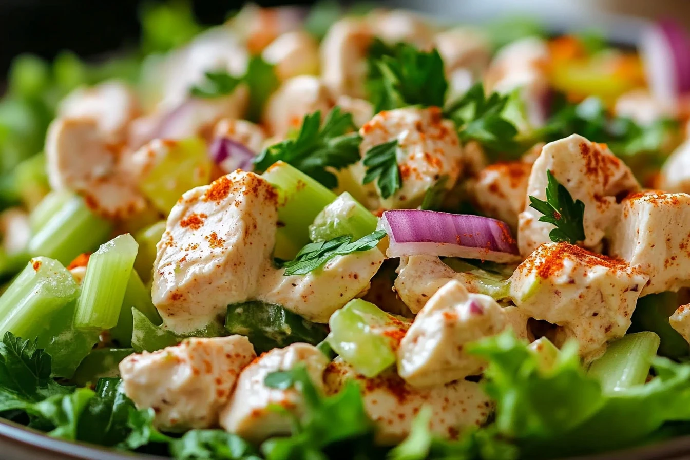 Bowl of creamy chicken salad with chopped celery, grapes, and almonds, served with lettuce and crackers.