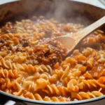 Bowl of rich and hearty lasagna soup topped with melted cheese and fresh basil.