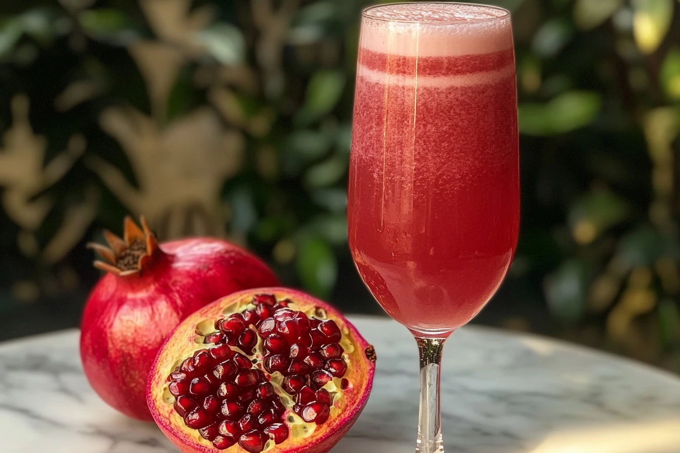 A sparkling glass of Pomegranate Bliss Fizz with ice, pomegranate seeds, and a sprig of fresh mint.