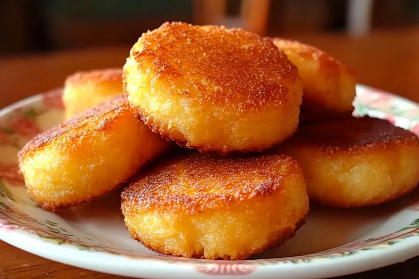 Old-fashioned fried cornbread patties served in a cast iron skillet with a side of butter.