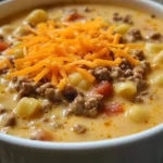 Macaroni cheeseburger soup in a bowl, topped with shredded cheese and chopped parsley.