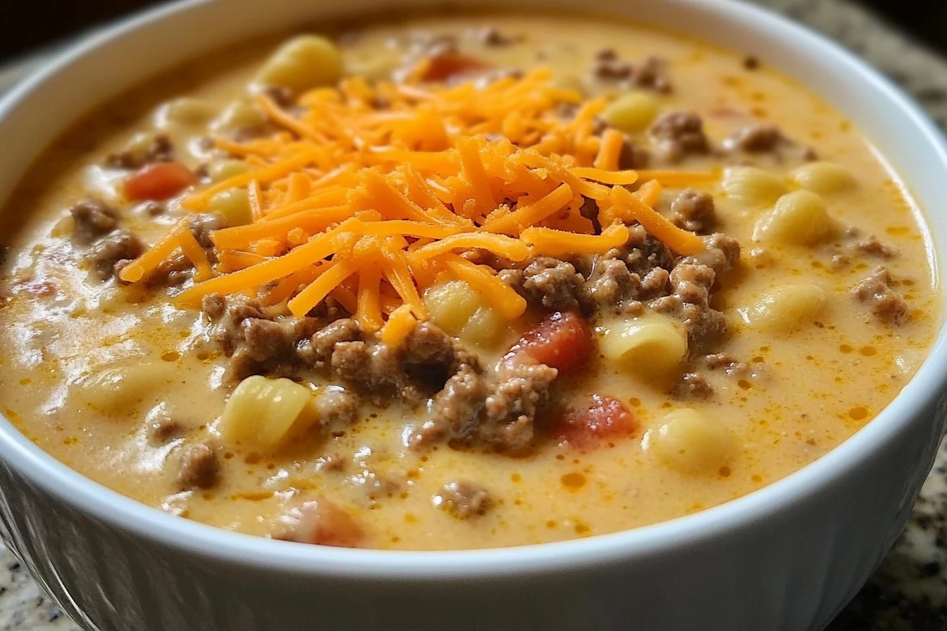 Macaroni cheeseburger soup in a bowl, topped with shredded cheese and chopped parsley.