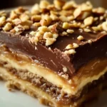 No-bake peanut butter lasagna slice with crushed cookies, creamy peanut butter filling, and chocolate topping.