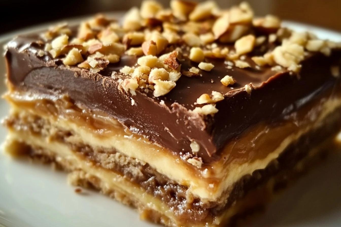 No-bake peanut butter lasagna slice with crushed cookies, creamy peanut butter filling, and chocolate topping.